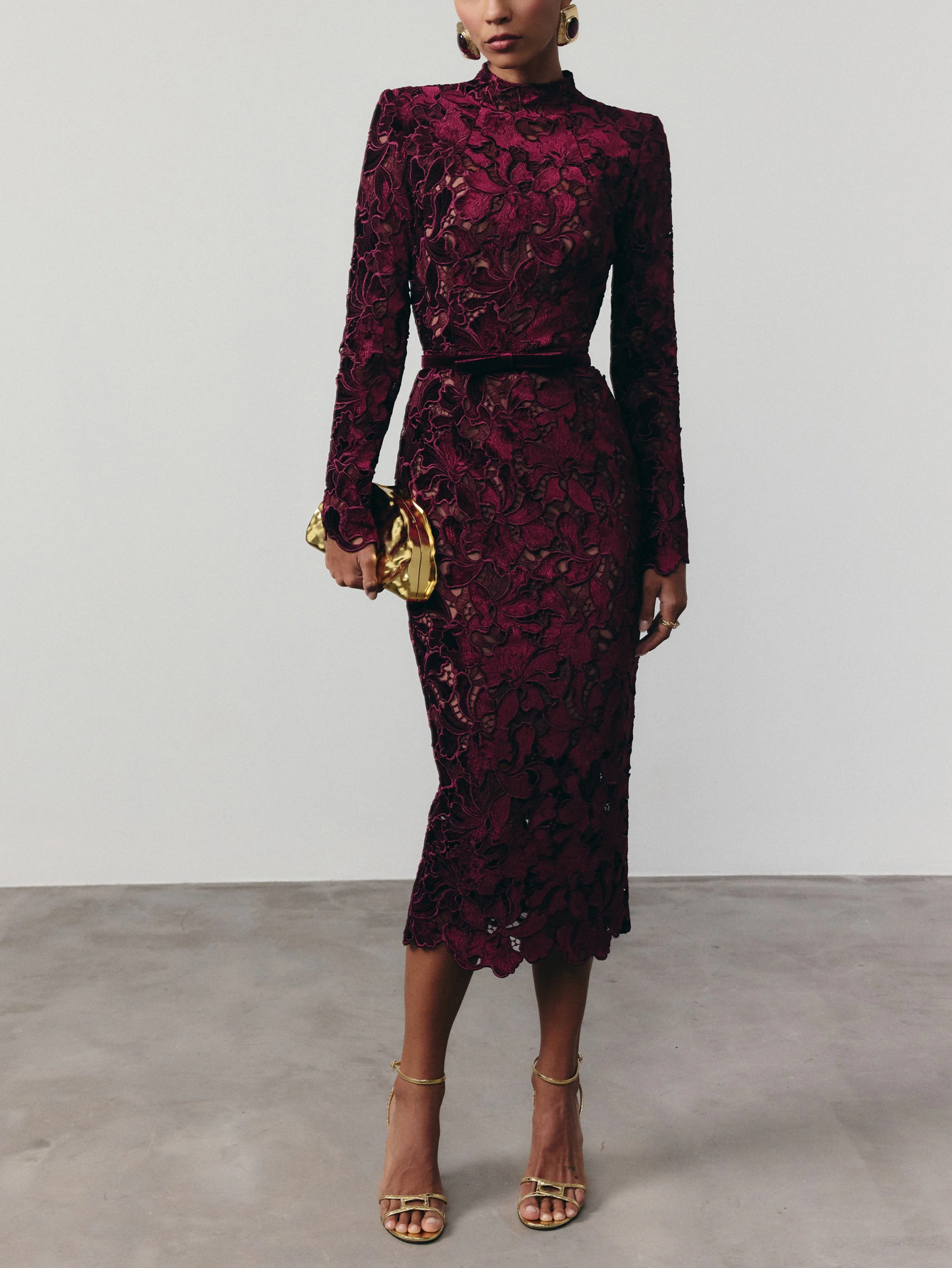 Burgundy Floral Lace High-Neck Midi Dress