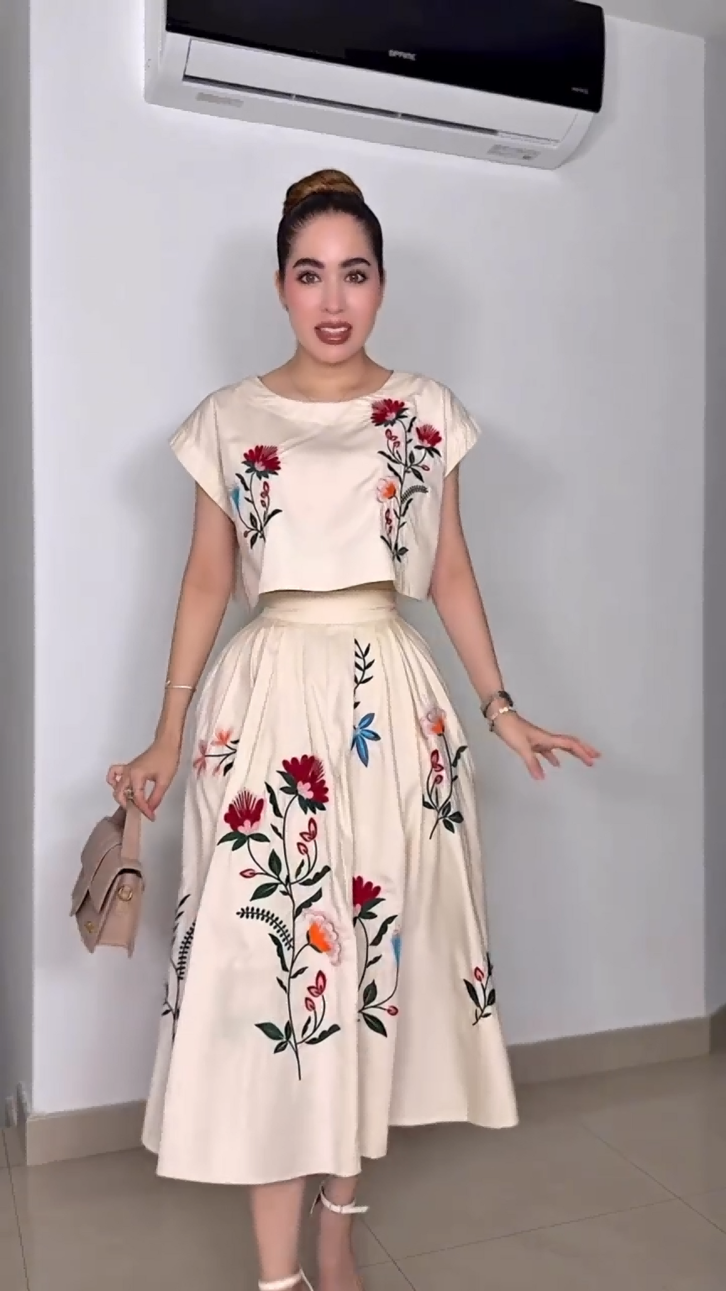 French Floral Embroidered Crop Top & Midi Skirt Two-Piece Set