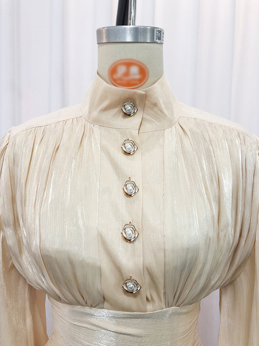 High Neck Puff Sleeve Ruffled Mini Dress