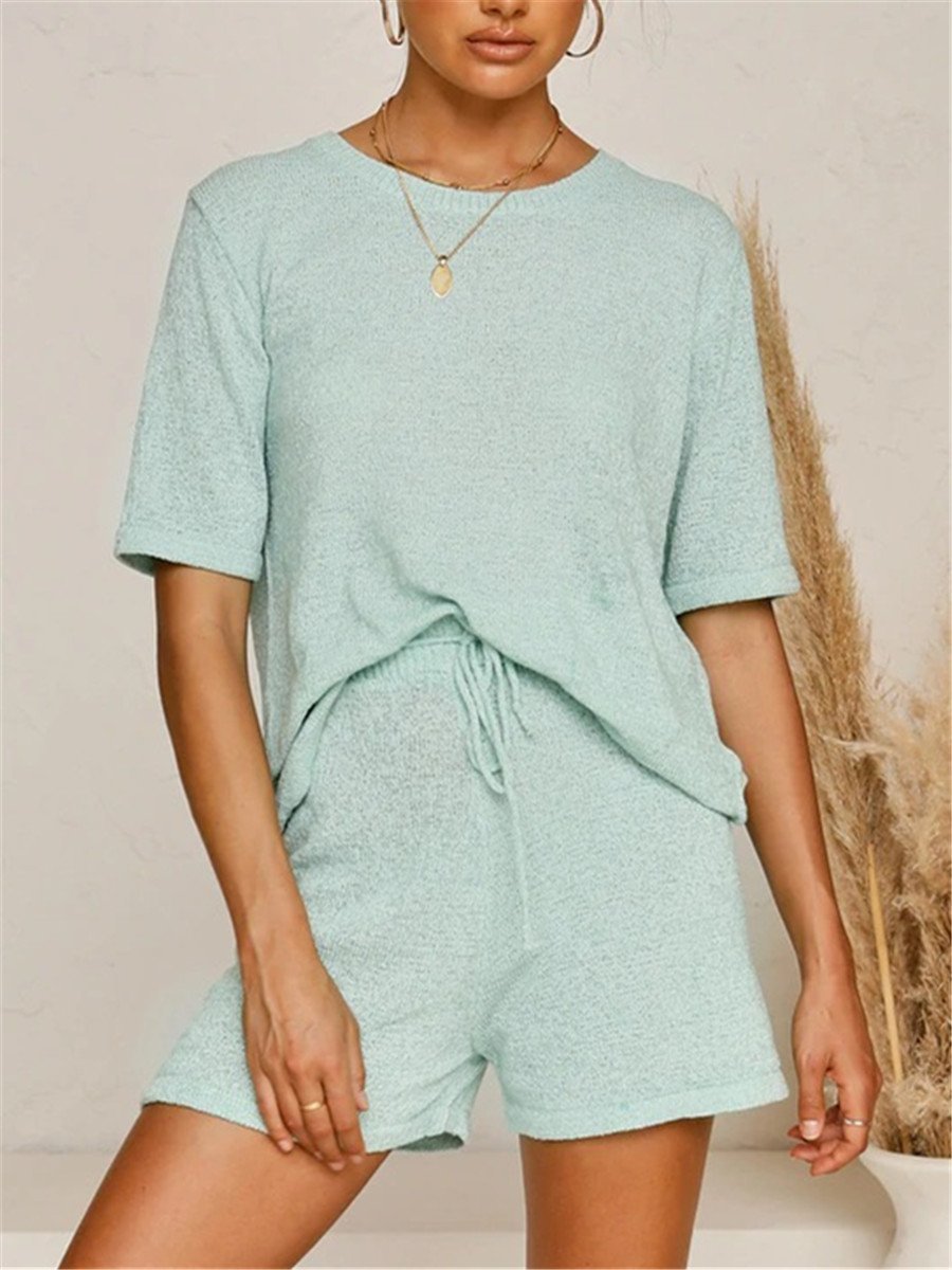 Trajes de punto de cuello redondo de color sólido, cómodos e informales