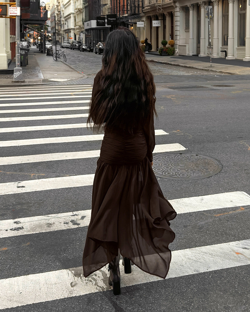 Chocolate Brown Shirt & Asymmetric Chiffon Skirt Two-Piece Set
