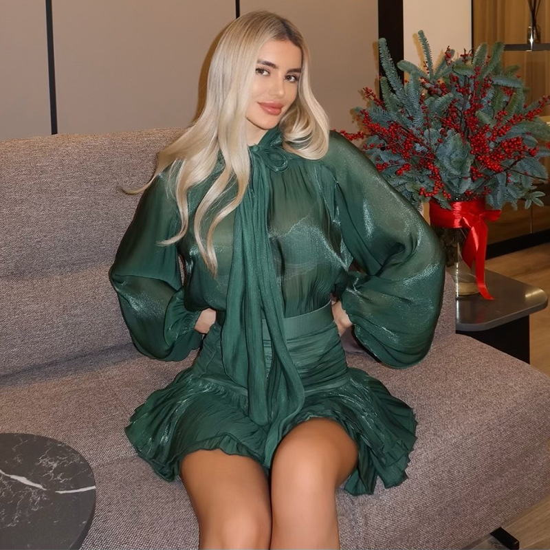 Tie-Front Top and High-Waist Ruched Skirt Two-Piece Set with Puff Sleeves