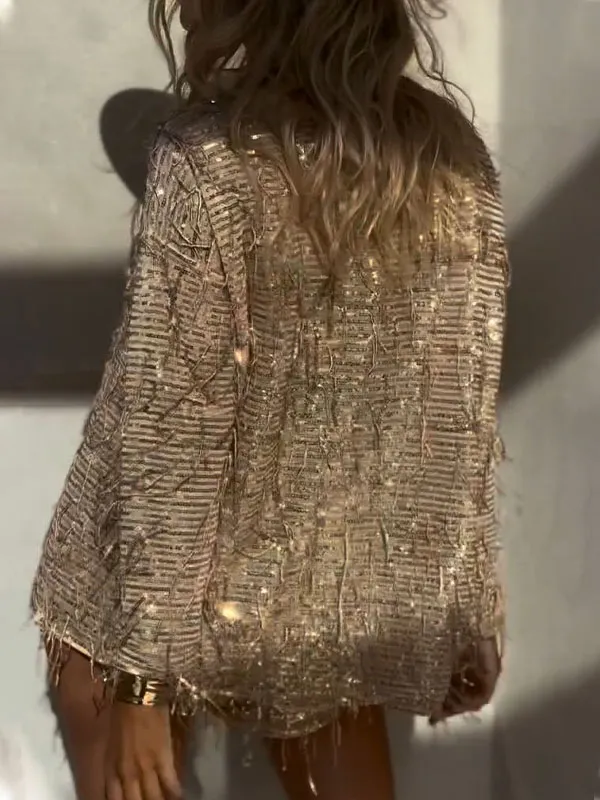 Sequin Fringe Long Sleeve Top & Shorts Two-Piece Set