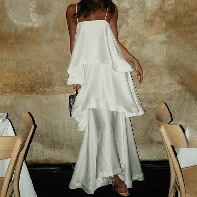 White Satin Tiered Ruffle Maxi Slip Dress