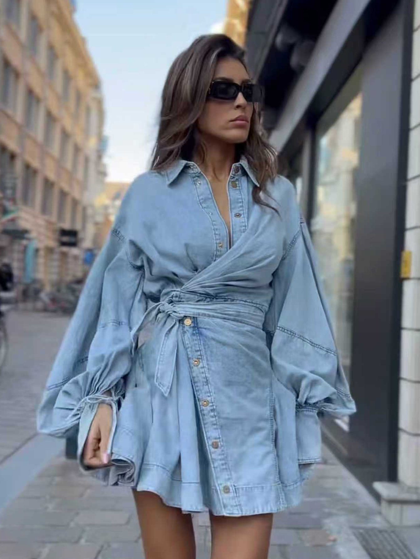 Lantern Sleeve Tie-Waist Denim Shirt Dress
