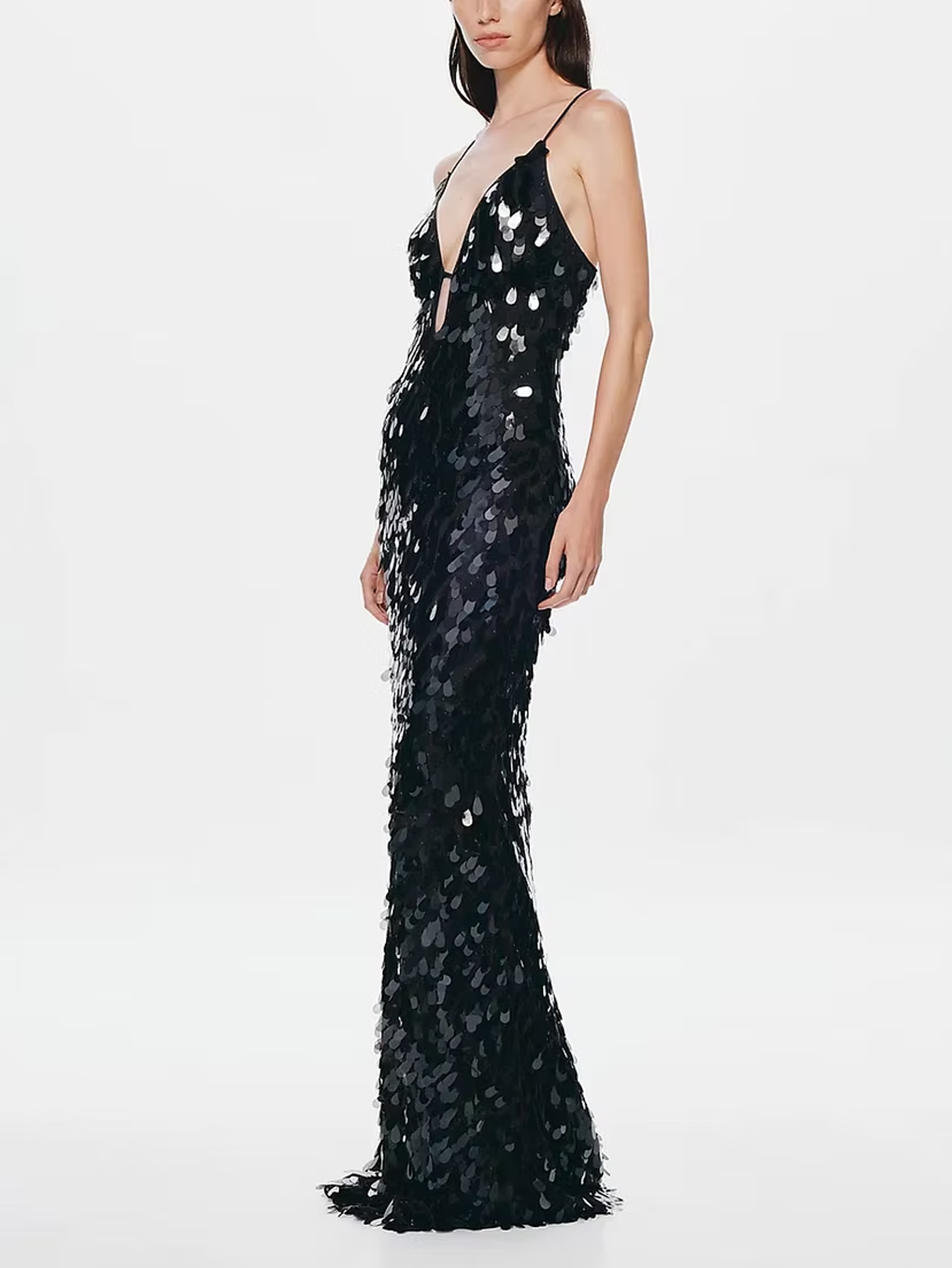 Sequin Spaghetti Strap Mermaid Dress with V-Neck and High Waist
