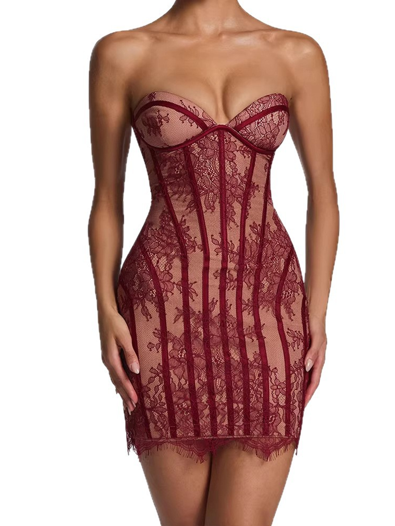 Lace Trim Stripe Backless Bodycon Mini Dress