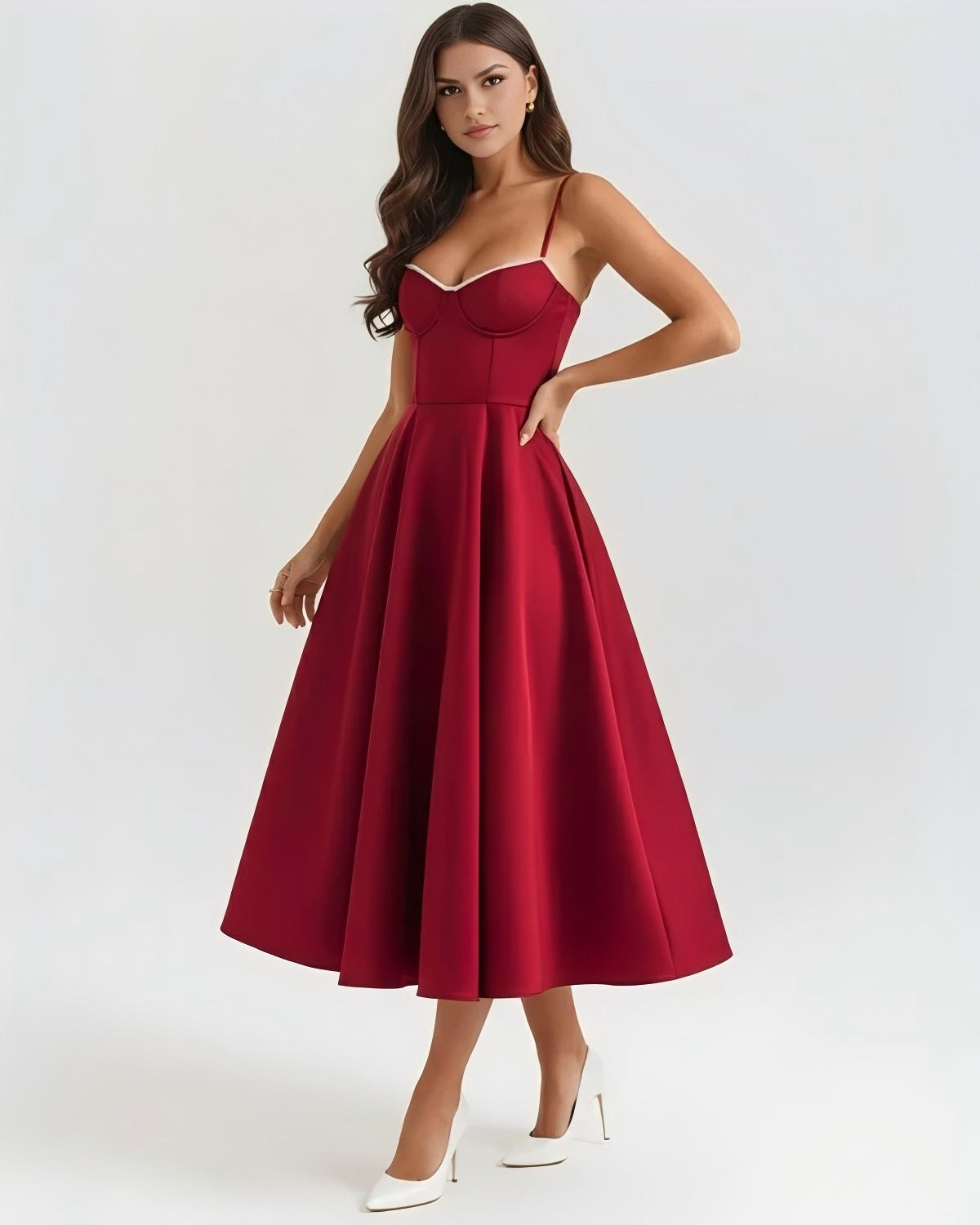 Satin Corset Cami Midi Dress with Tulle Hem