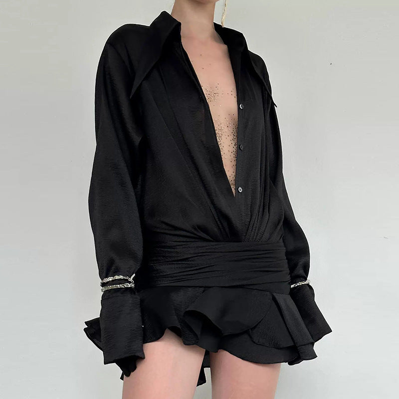 Sheer Ruffled Shirt Mini Dress with Bell Sleeves