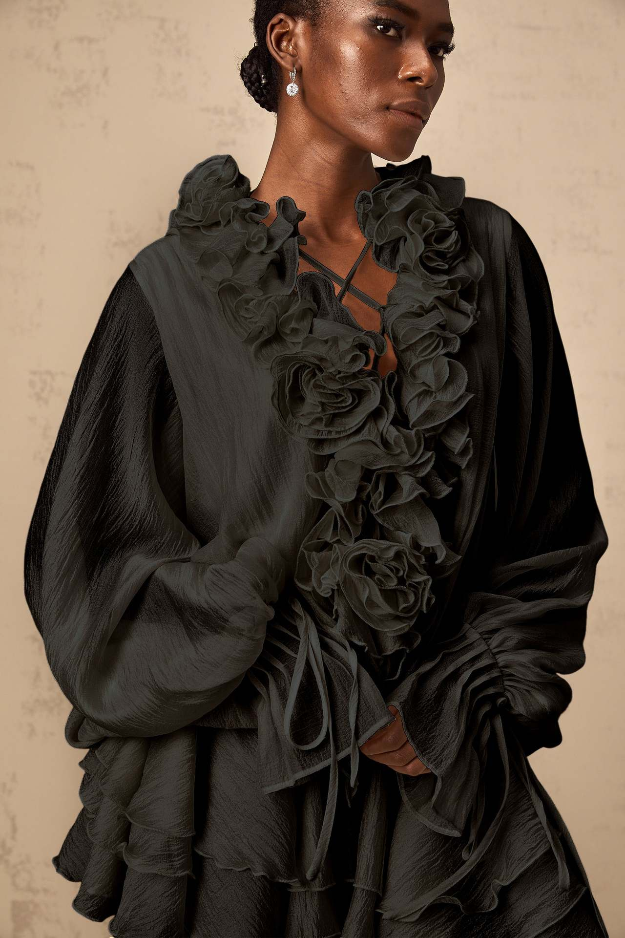 Zéphyrine Floral-Appliqué Tiered Mini Dress with Puff Sleeves and Ruffles