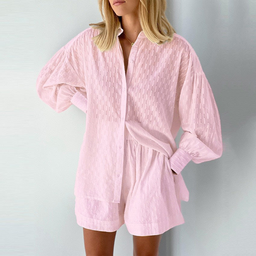 Jacquard Puff Sleeve Shirt and Shorts Two-Piece Set