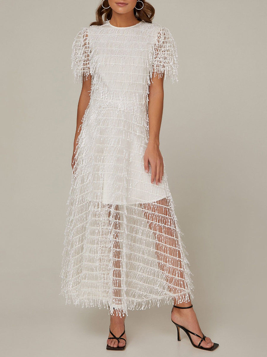 A-line sequined dress with round neck and short sleeves