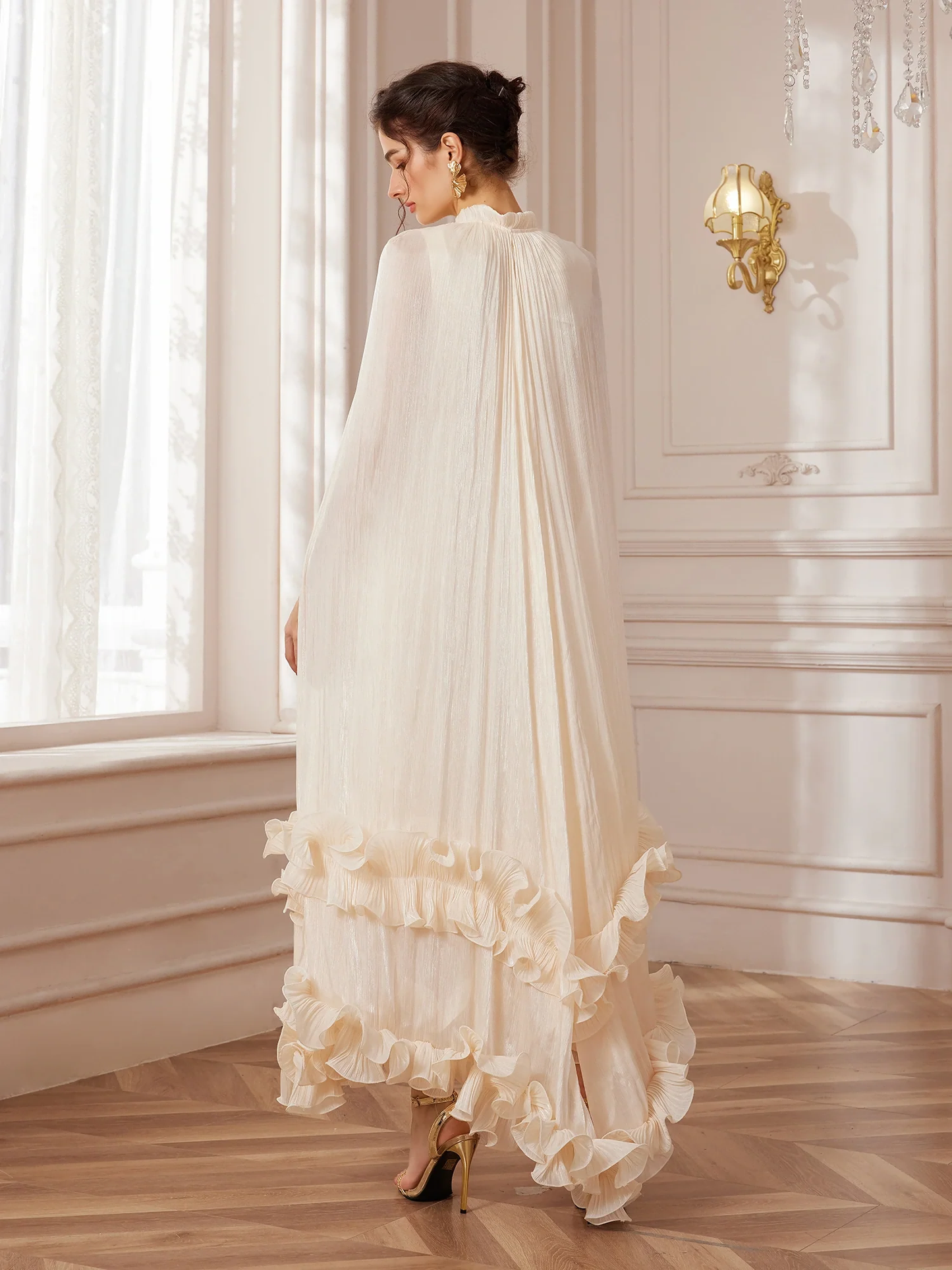 White Cape-Sleeve Ruffle Midi Dress with Lace-Up Waist and 3D Floral Appliqués