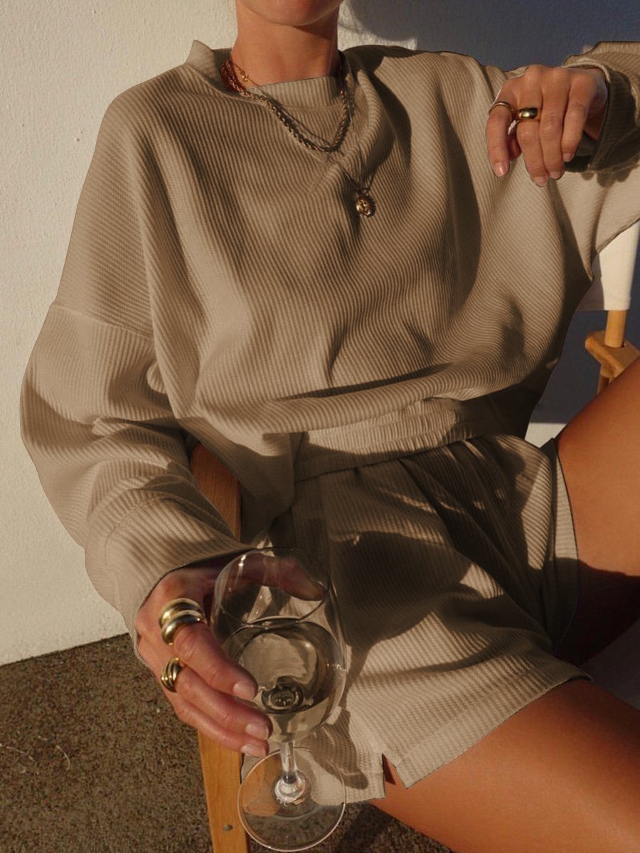 Traje de dos piezas informal de moda, manga larga, color liso, cuello redondo