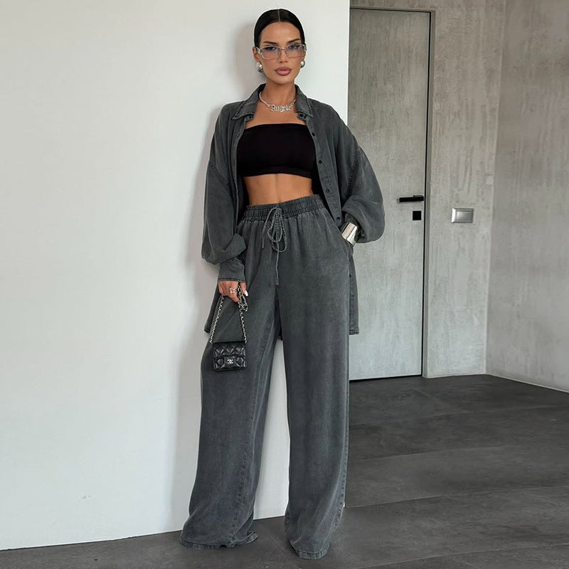Oversized Denim Shirt & Wide-Leg Pants Two-Piece Set