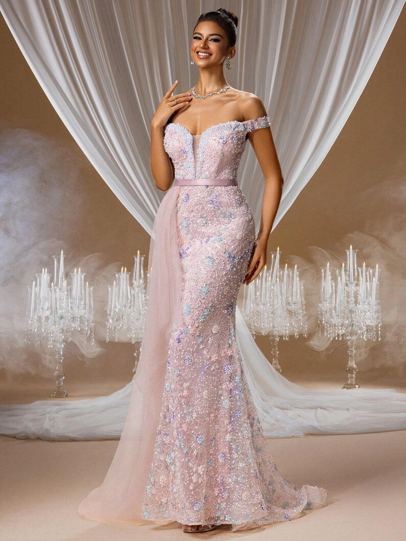 Off-Shoulder Pink Beaded Mermaid Evening Gown