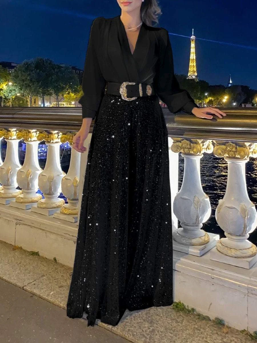 V-Neck Shirt & Sequin Wide-Leg Pants Two-Piece Set
