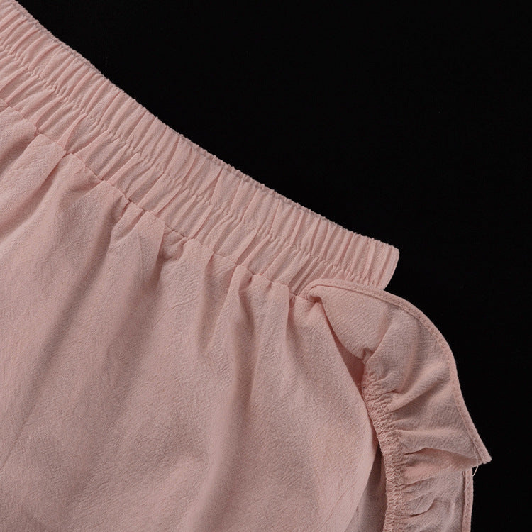 Cotton Lapel Flare Sleeve Top & Ruffle Shorts Two-Piece Set