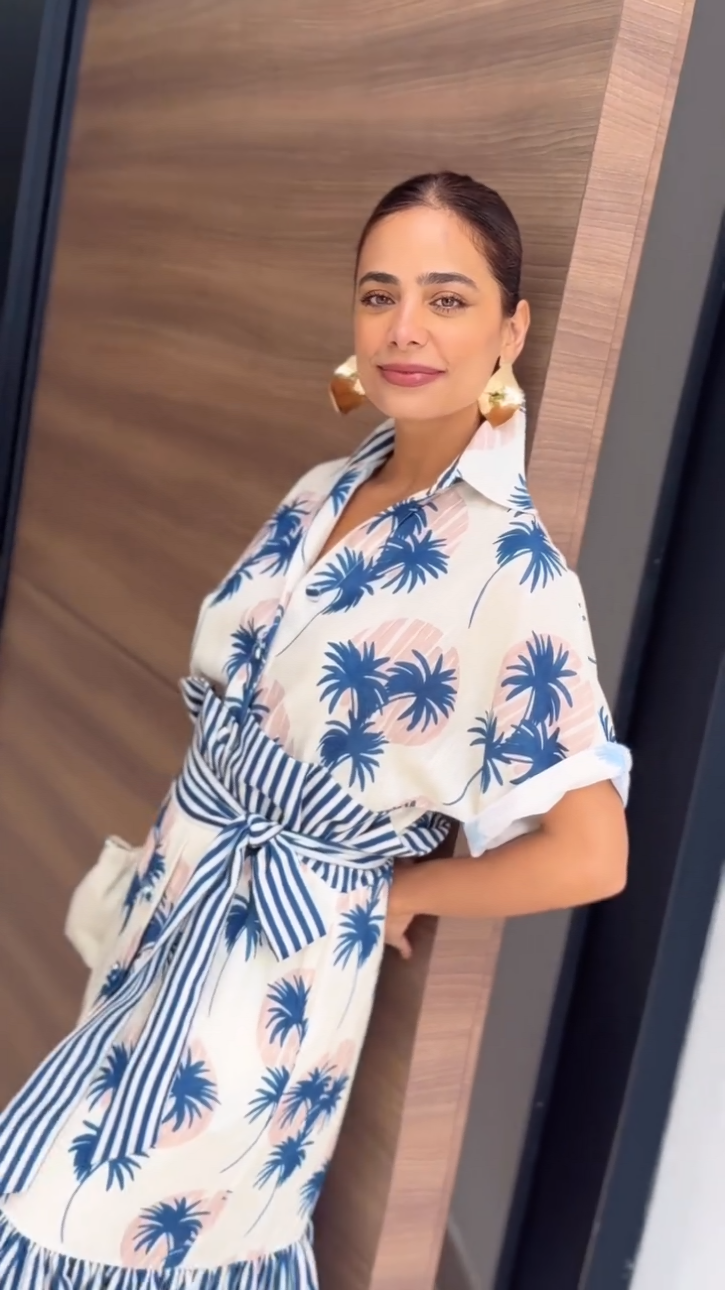 Palm Print & Stripe Belted Maxi Shirt Dress