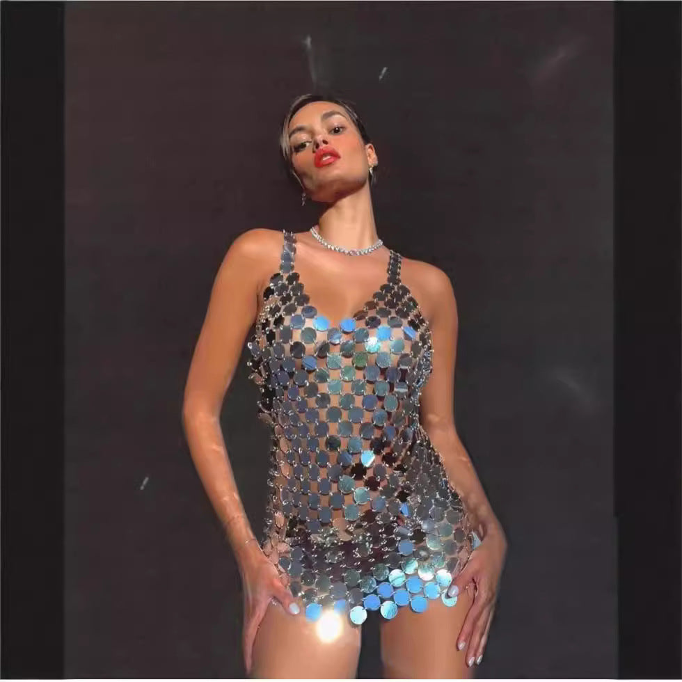 Sequin Spaghetti Strap Mini Dress with V-Neck Silhouette