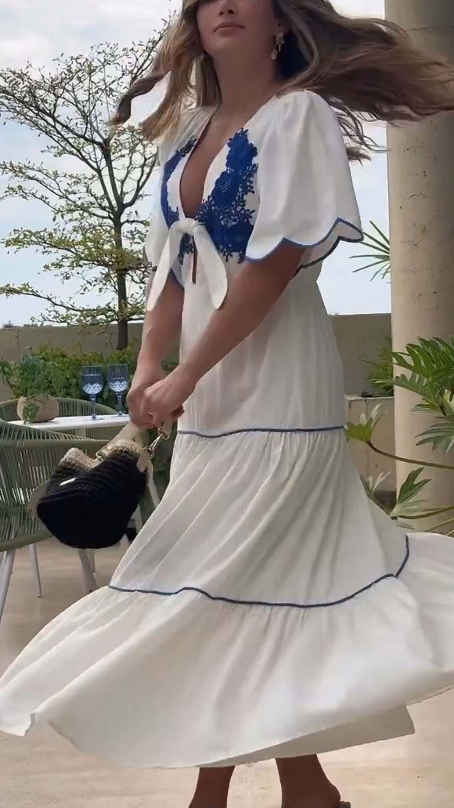 White & Blue Embroidered Tie-Front Tiered Maxi Dress