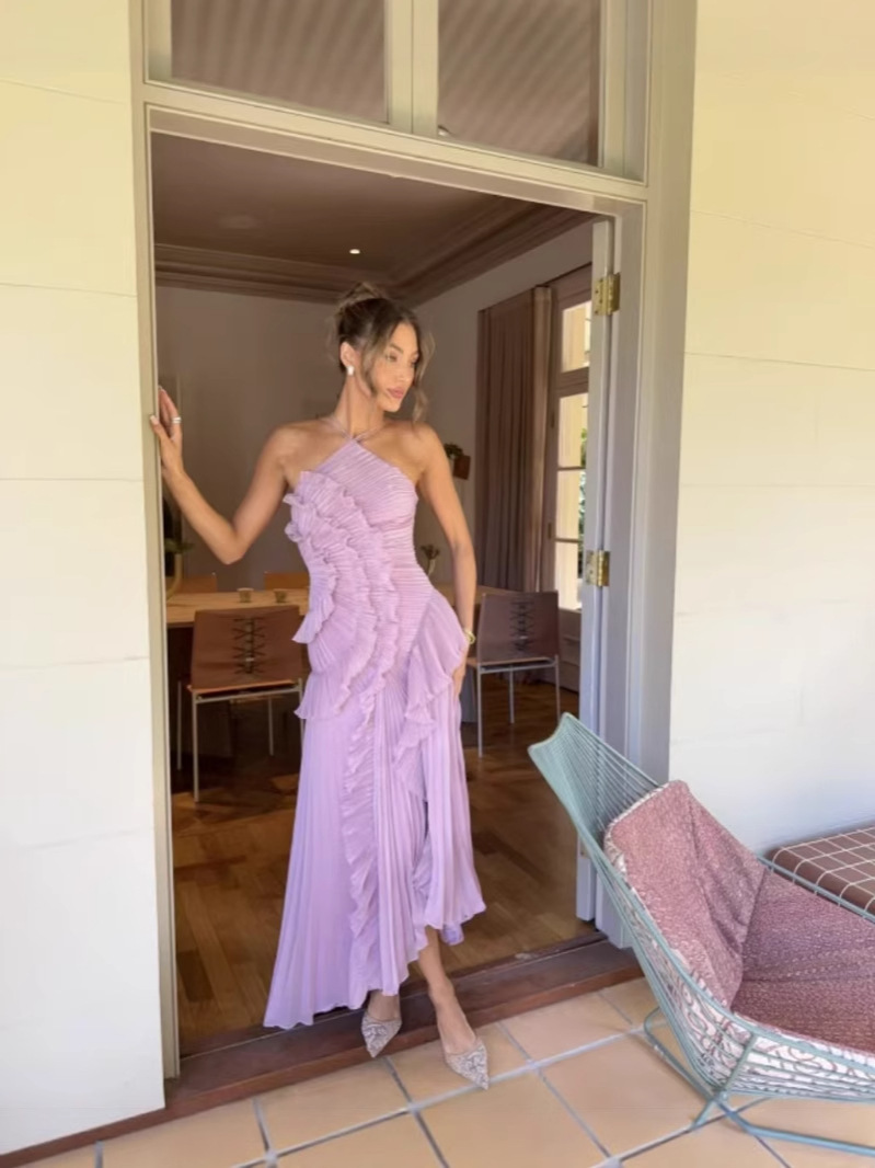 Halter Neck A-Line Chiffon Maxi Dress with Ruffle and Back Detail