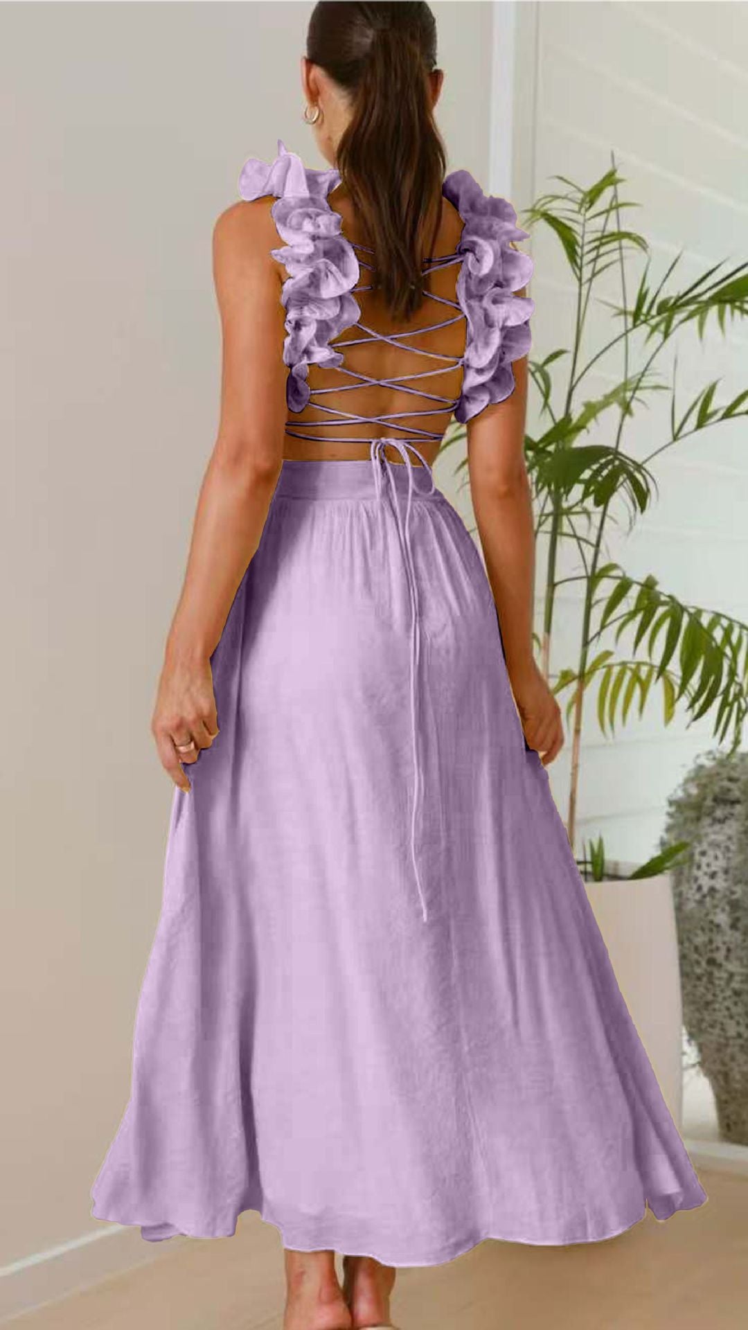 Floral Print Ruffle Strap Lace-Up Back Maxi Dress