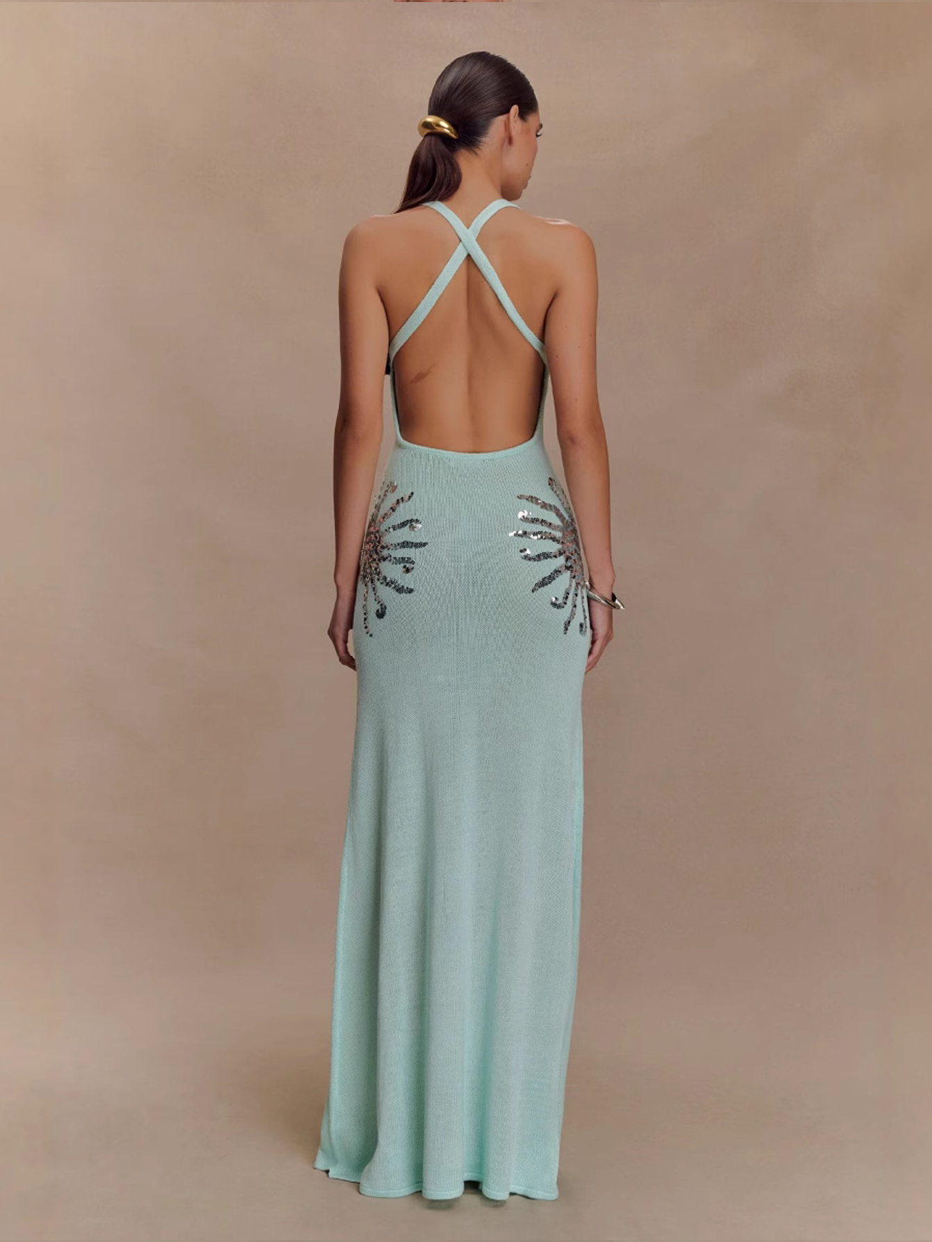Sequin Patchwork Cutout Slip Maxi Dress with Slit