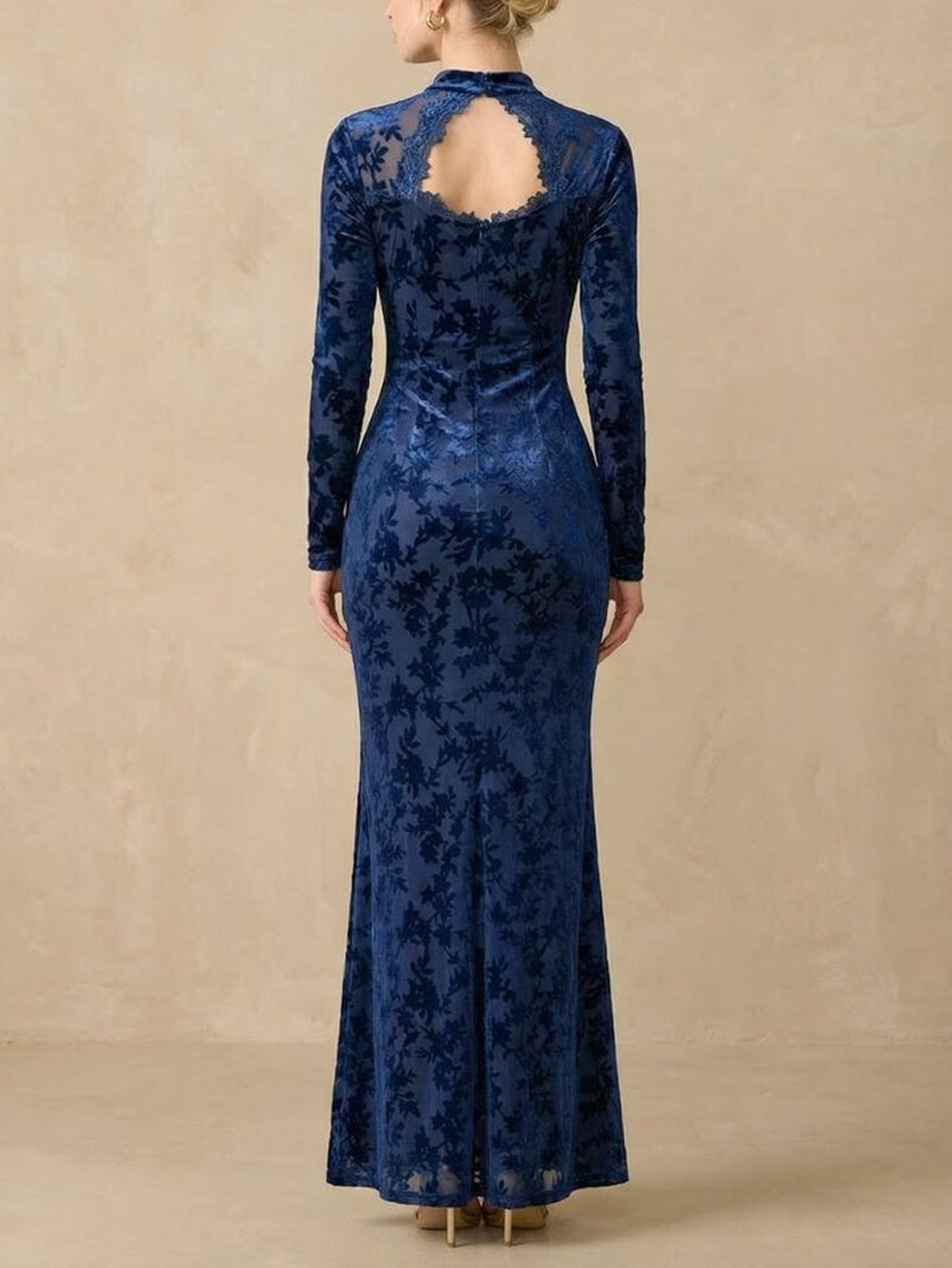 Mock Neck Cutout Lace Trim Modal Floral Mermaid Gown