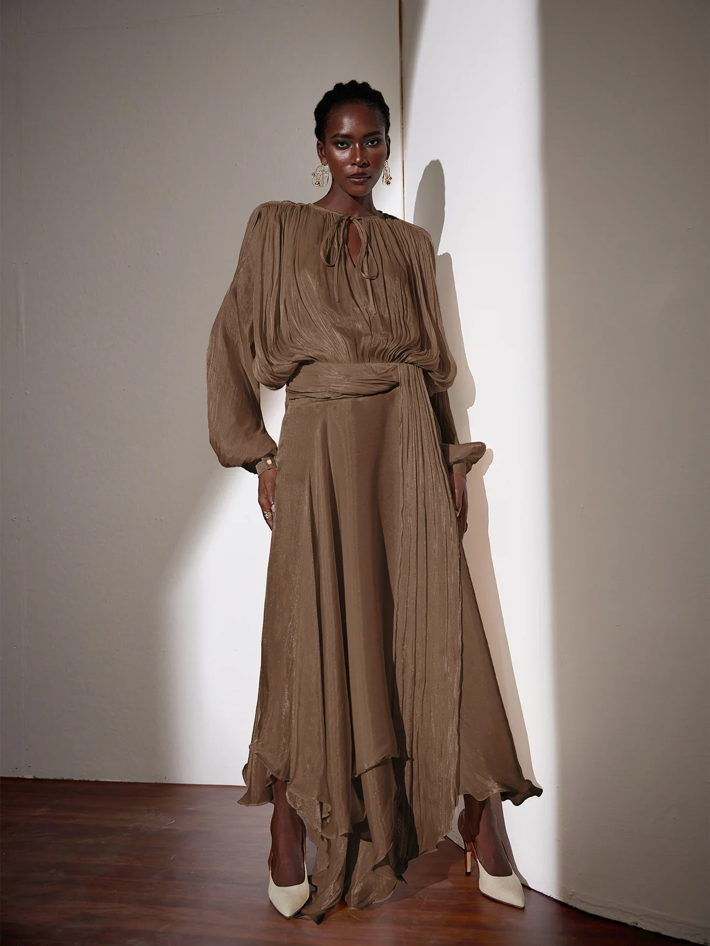 Elegant Satin Maxi Dress with Waist Tie and Asymmetric Hem