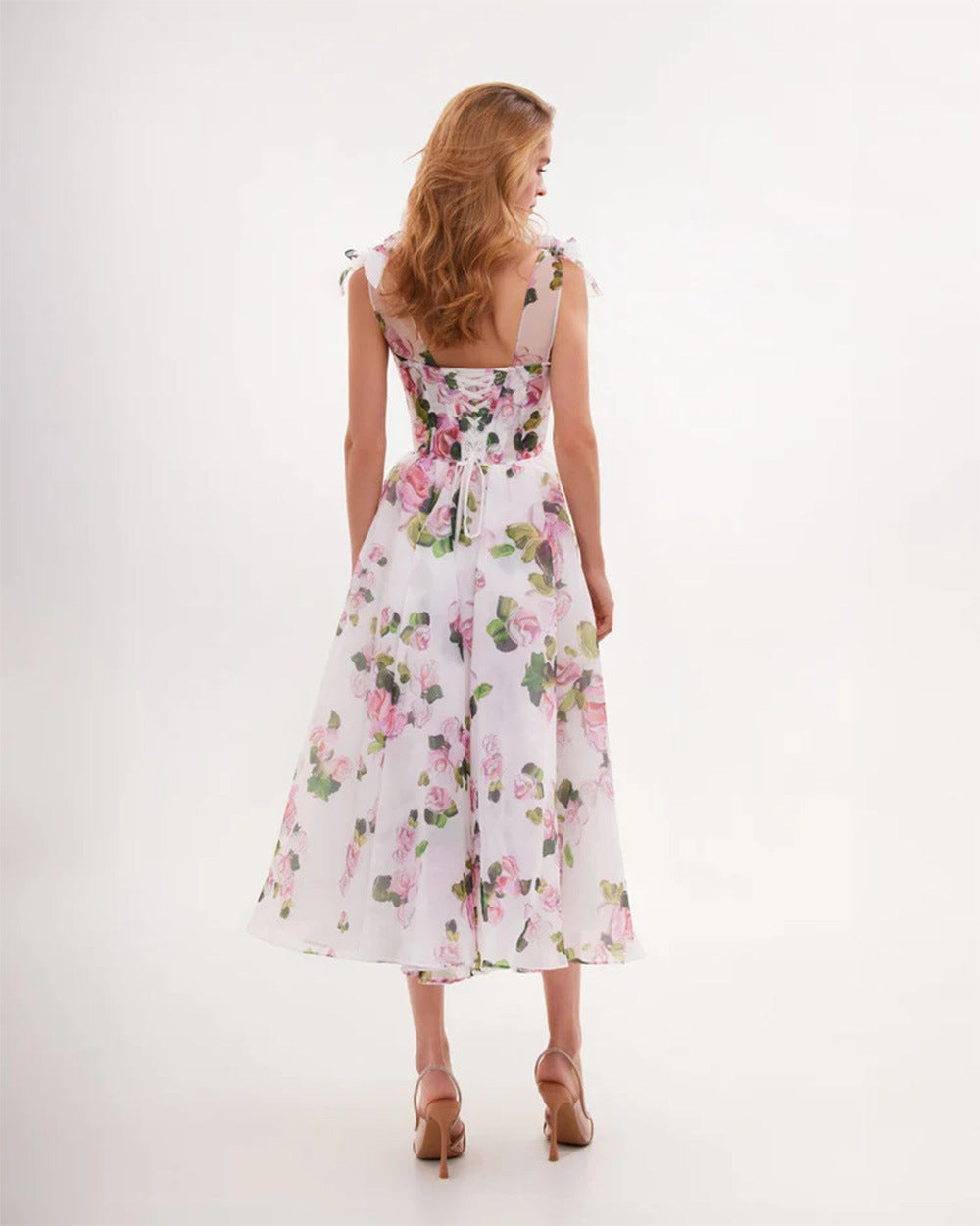 Off-Shoulder Organza Floral Midi Dress with Tie Straps