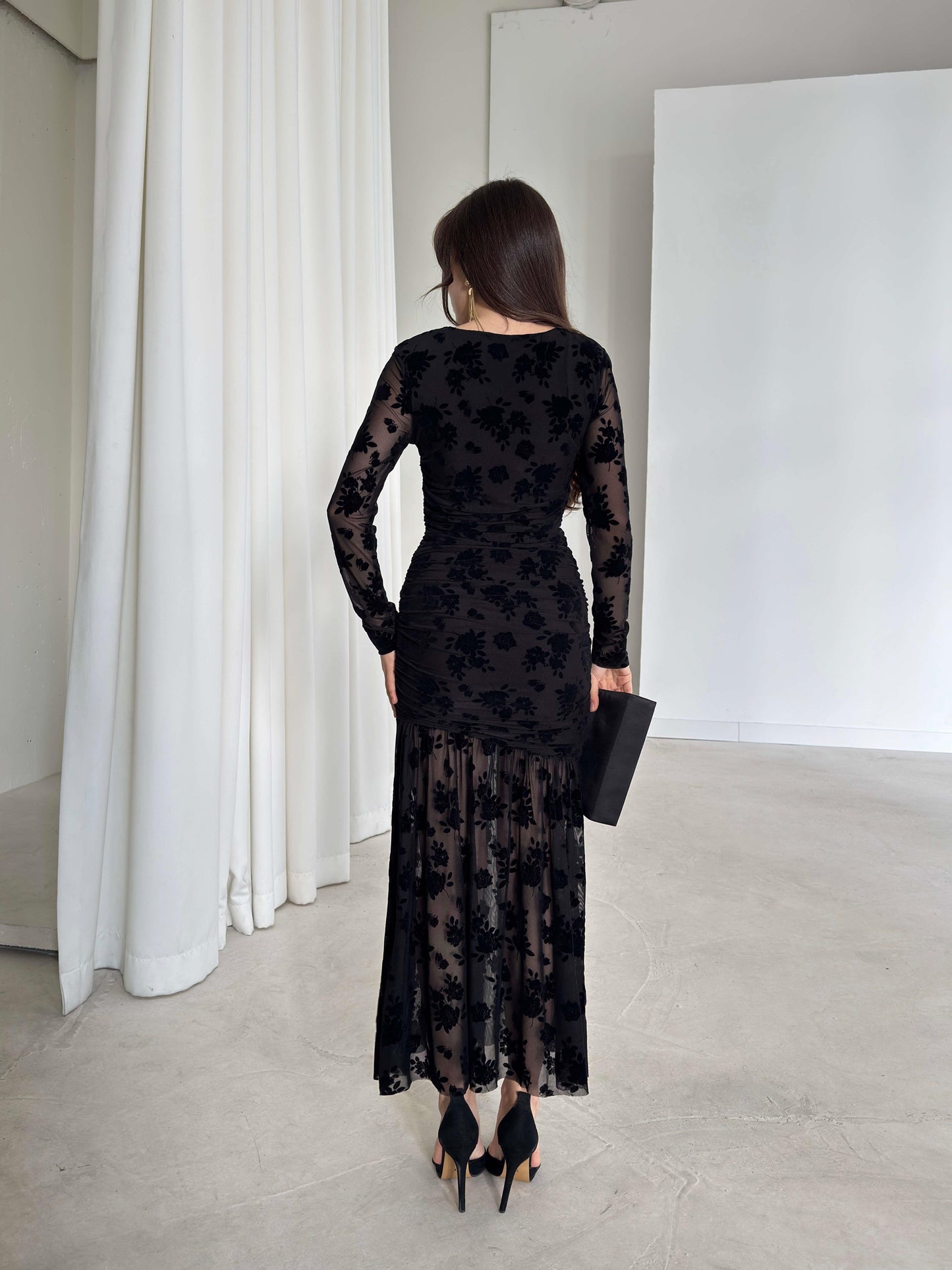 Mesh Patchwork Floral Print Mermaid Maxi Dress