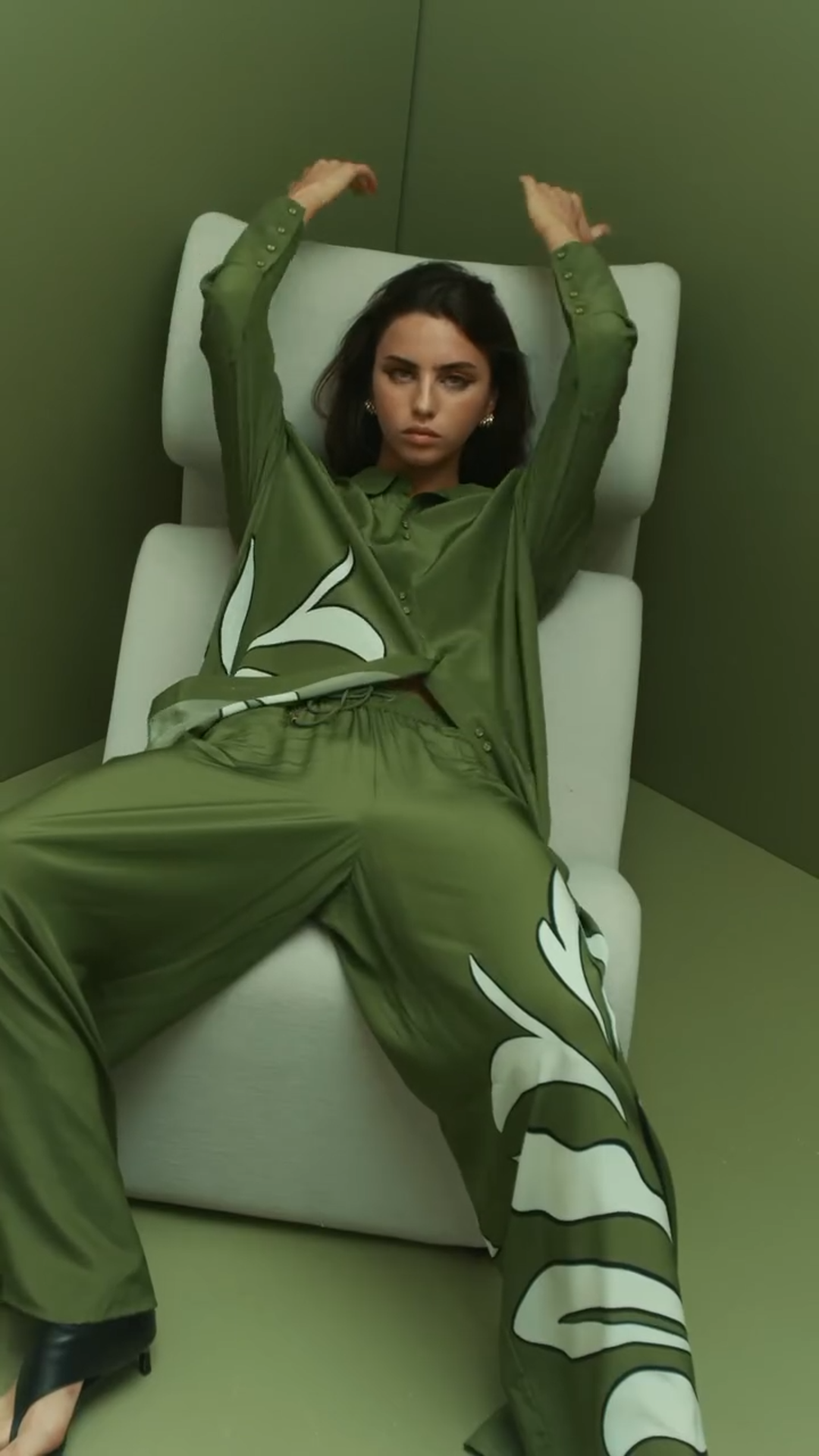 Olive Green Oversized Printed Shirt & Wide-Leg Pants Set