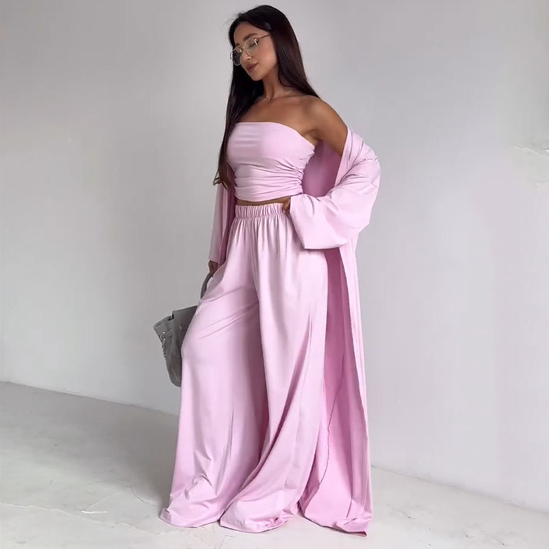 Casual Strapless Tank, Cardigan, and Wide-Leg Pants Three-Piece Set