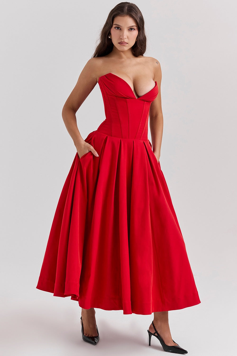 Katherine Off-Shoulder Corset Midi Dress with Pleated Detailing
