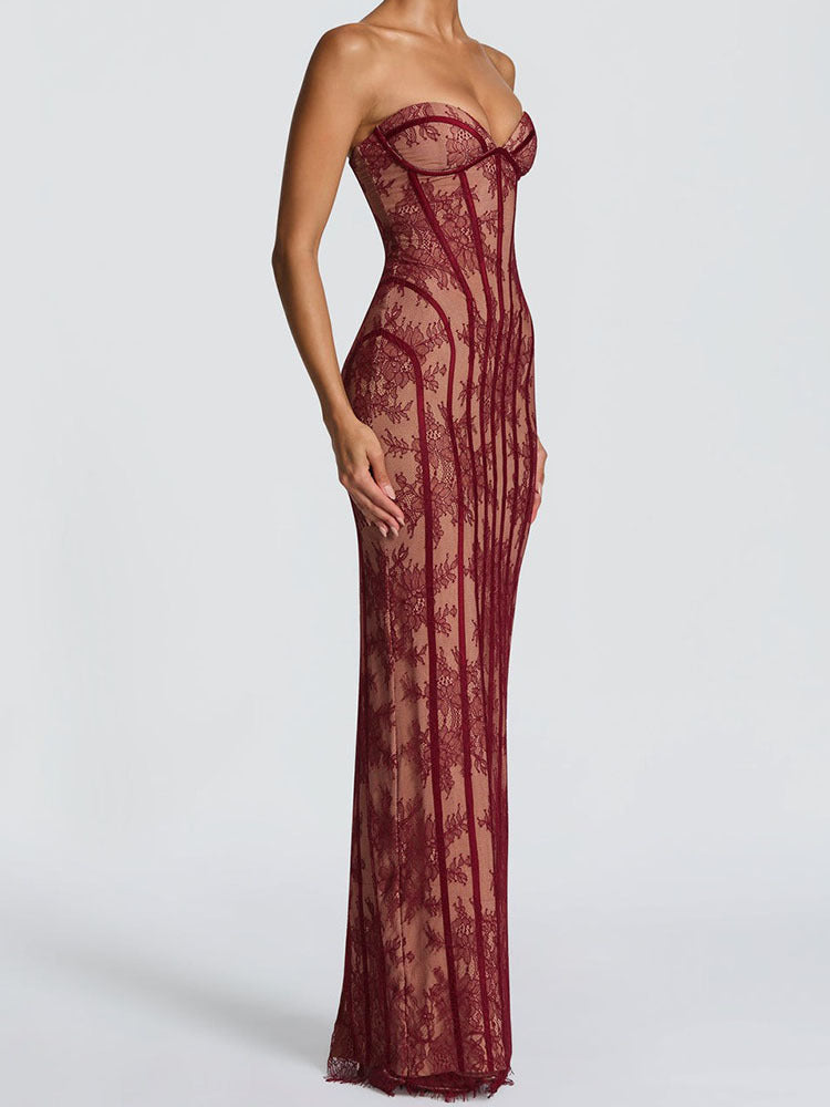 Lace Stripe Strapless Backless Bodycon Maxi Dress