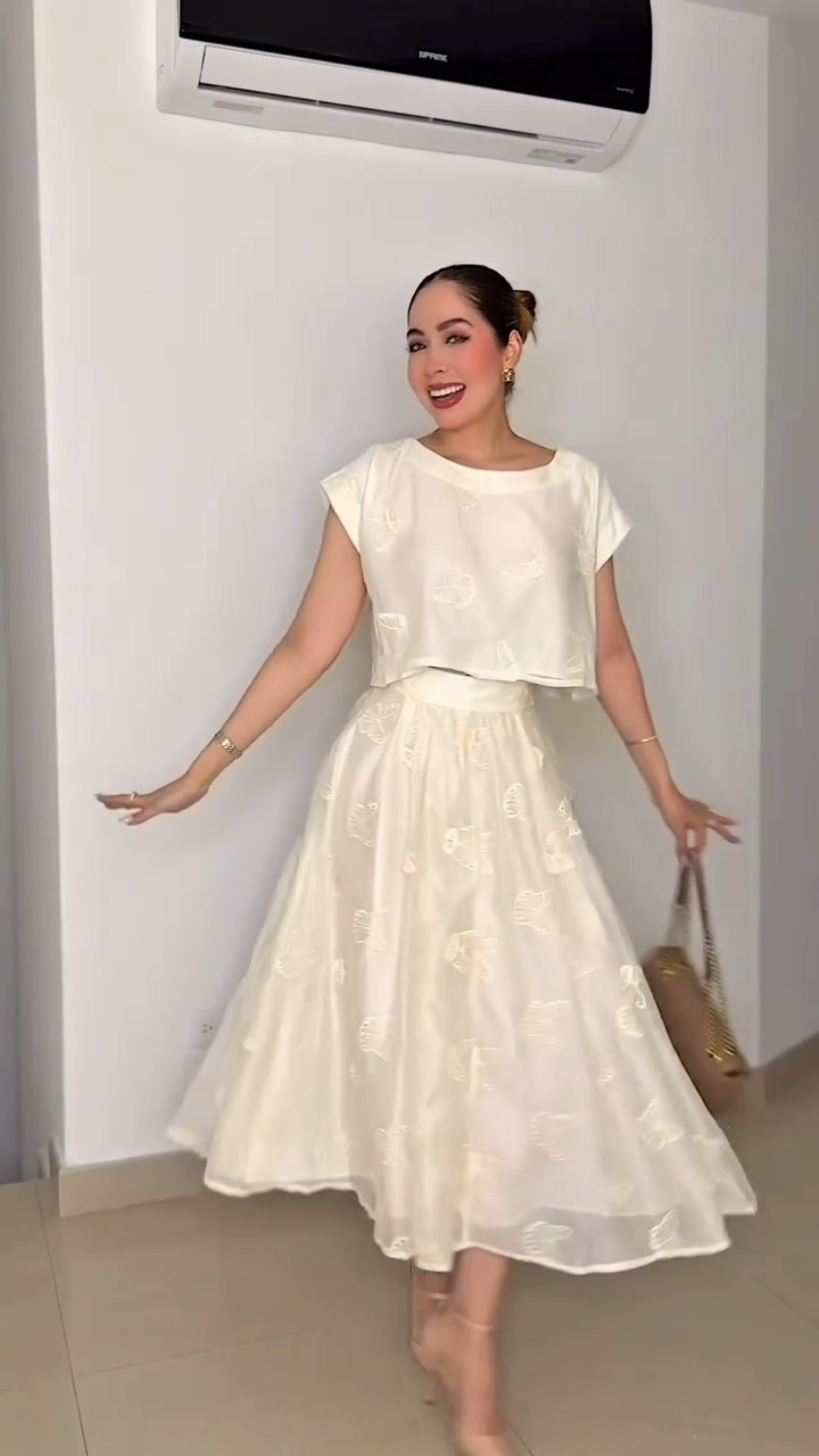 Butterfly Embroidered Crop Top & Midi Skirt Two-Piece Set