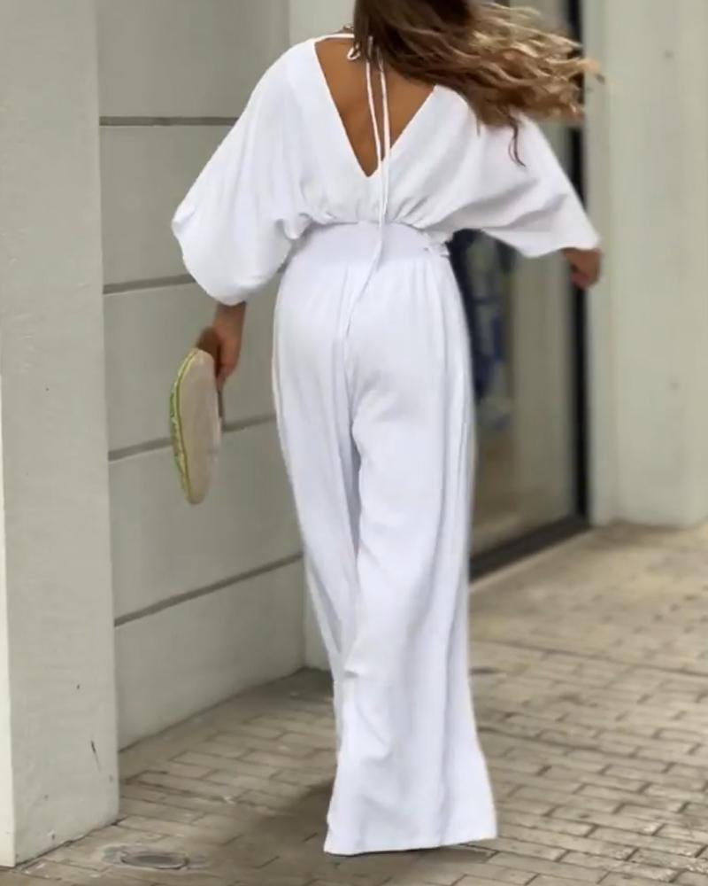 V-neck Open Back Banded Loose Jumpsuit