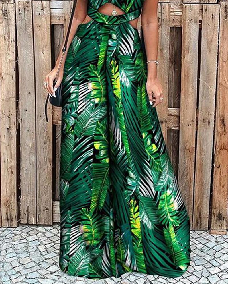 Tropical Print Halter Cutout Chic Wide Leg Jumpsuit