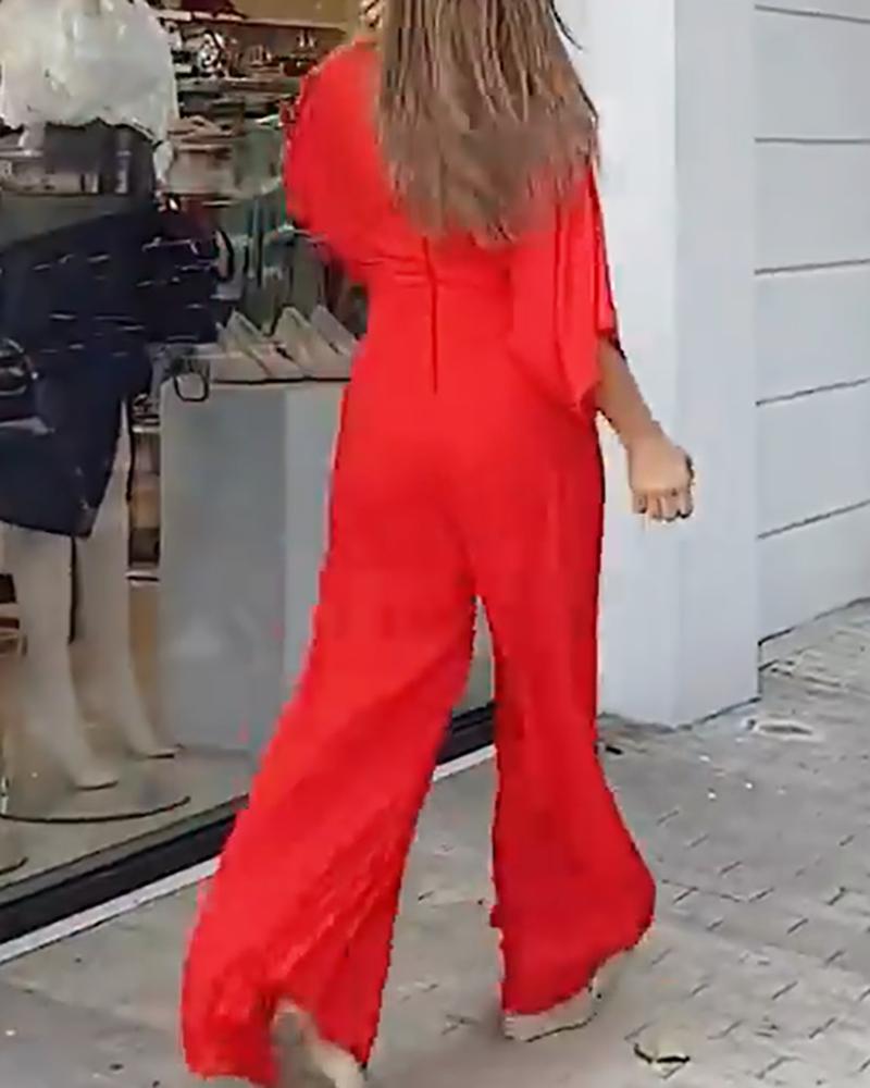 Soild V-Neck High Waist Jumpsuit