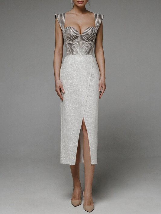 Spaghetti Strap Open-Back Bodycon Midi Dress with Mini Train