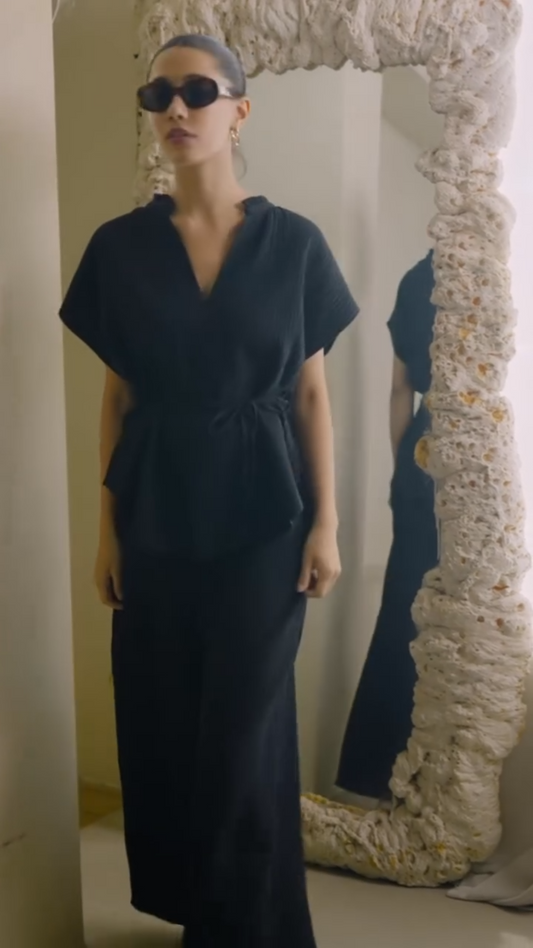 Textured Tie-Waist Top & Wide-Leg Pants Co-ord Set