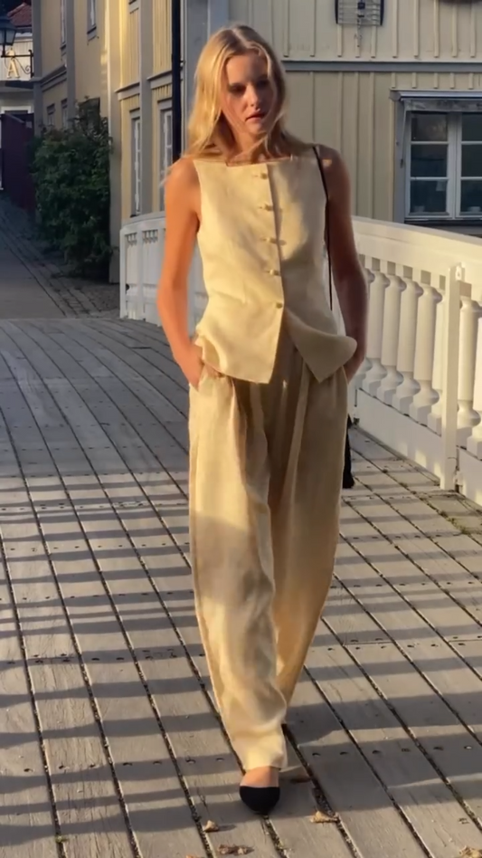 Linen Blend Button-Up Vest & Wide-Leg Pants Co-ord Set