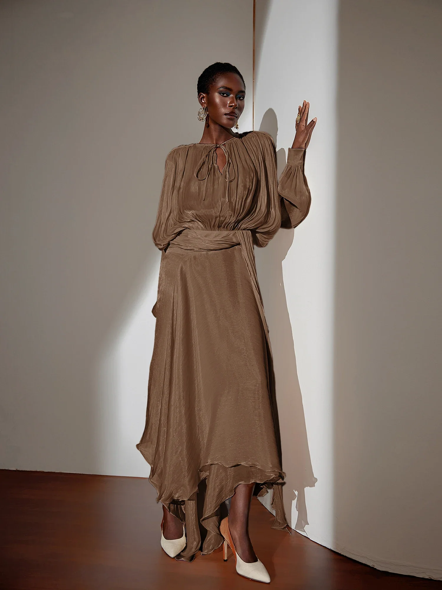 Elegant Satin Maxi Dress with Waist Tie and Asymmetric Hem