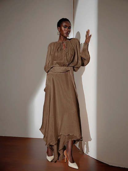 Elegant Satin Maxi Dress with Waist Tie and Asymmetric Hem