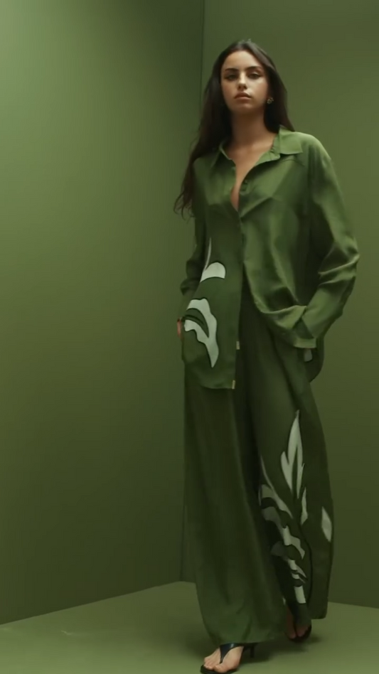 Olive Green Oversized Printed Shirt & Wide-Leg Pants Set