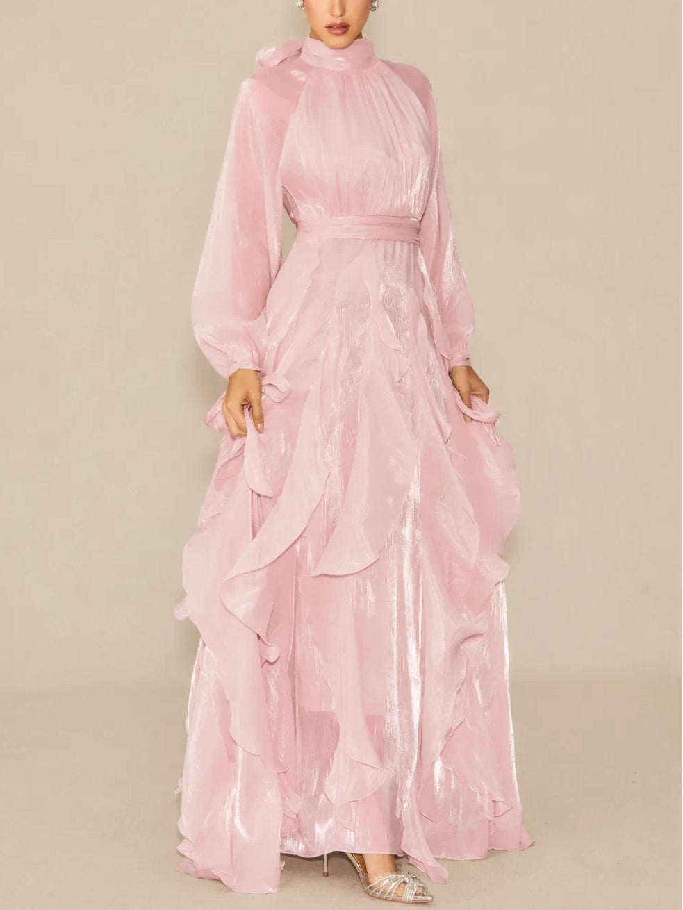 Estella Puff Sleeve Maxi Dress with Ruffle Trim and Bow Detail