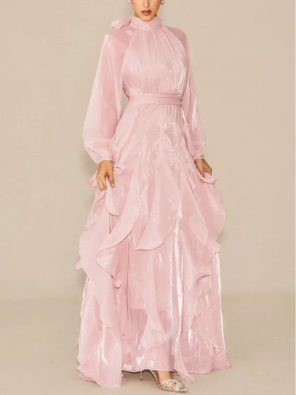 Estella Puff Sleeve Maxi Dress with Ruffle Trim and Bow Detail
