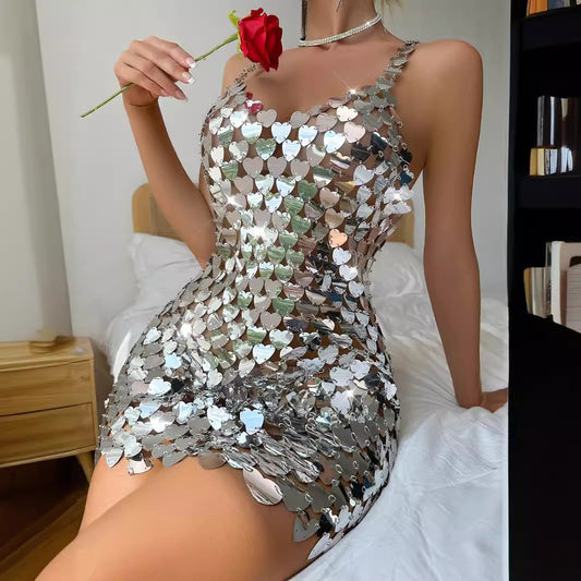 Metallic Sequin Spaghetti Strap Bodycon Mini Dress