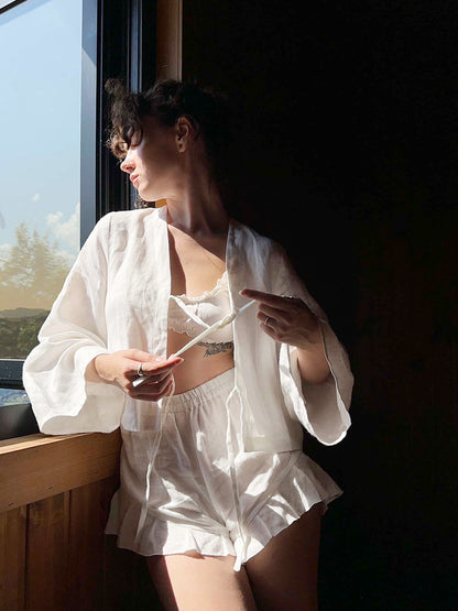 Cotton Tie-Front Cardigan & Ruffle Shorts Two-Piece Set